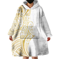 Polynesia White Sunday Wearable Blanket Hoodie Plumeria Polynesian Tribal Gold Color - Polynesian Pride
