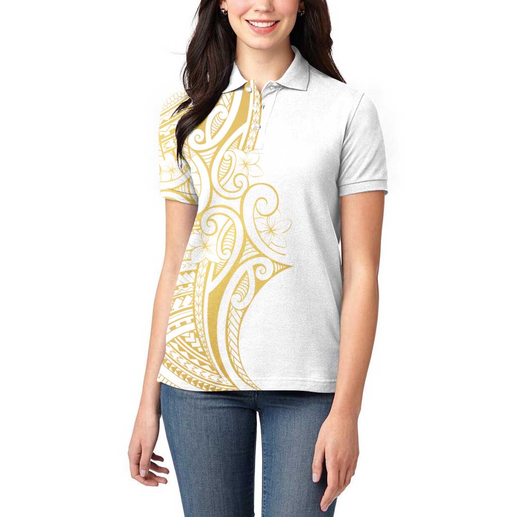 Polynesia White Sunday Women Polo Shirt Plumeria Polynesian Tribal Gold Color - Polynesian Pride