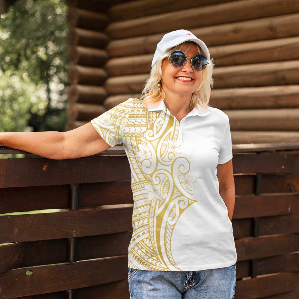 Polynesia White Sunday Women Polo Shirt Plumeria Polynesian Tribal Gold Color - Polynesian Pride