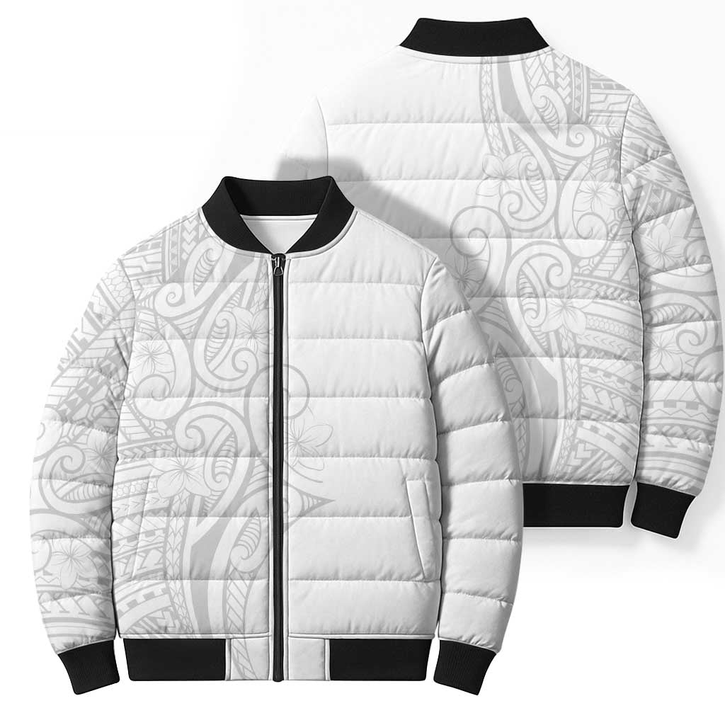 Polynesia White Sunday Bomber Puffer Jacket Plumeria Polynesian Tribal Grey Color - Polynesian Pride