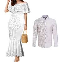 Polynesia White Sunday Couples Matching Mermaid Dress and Long Sleeve Button Shirt Plumeria Polynesian Tribal Grey Color - Polynesian Pride