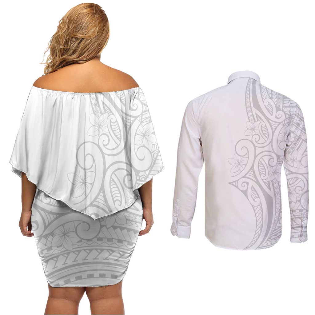 Polynesia White Sunday Couples Matching Off Shoulder Short Dress and Long Sleeve Button Shirt Plumeria Polynesian Tribal Grey Color - Polynesian Pride
