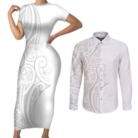Polynesia White Sunday Couples Matching Short Sleeve Bodycon Dress and Long Sleeve Button Shirt Plumeria Polynesian Tribal Grey Color - Polynesian Pride