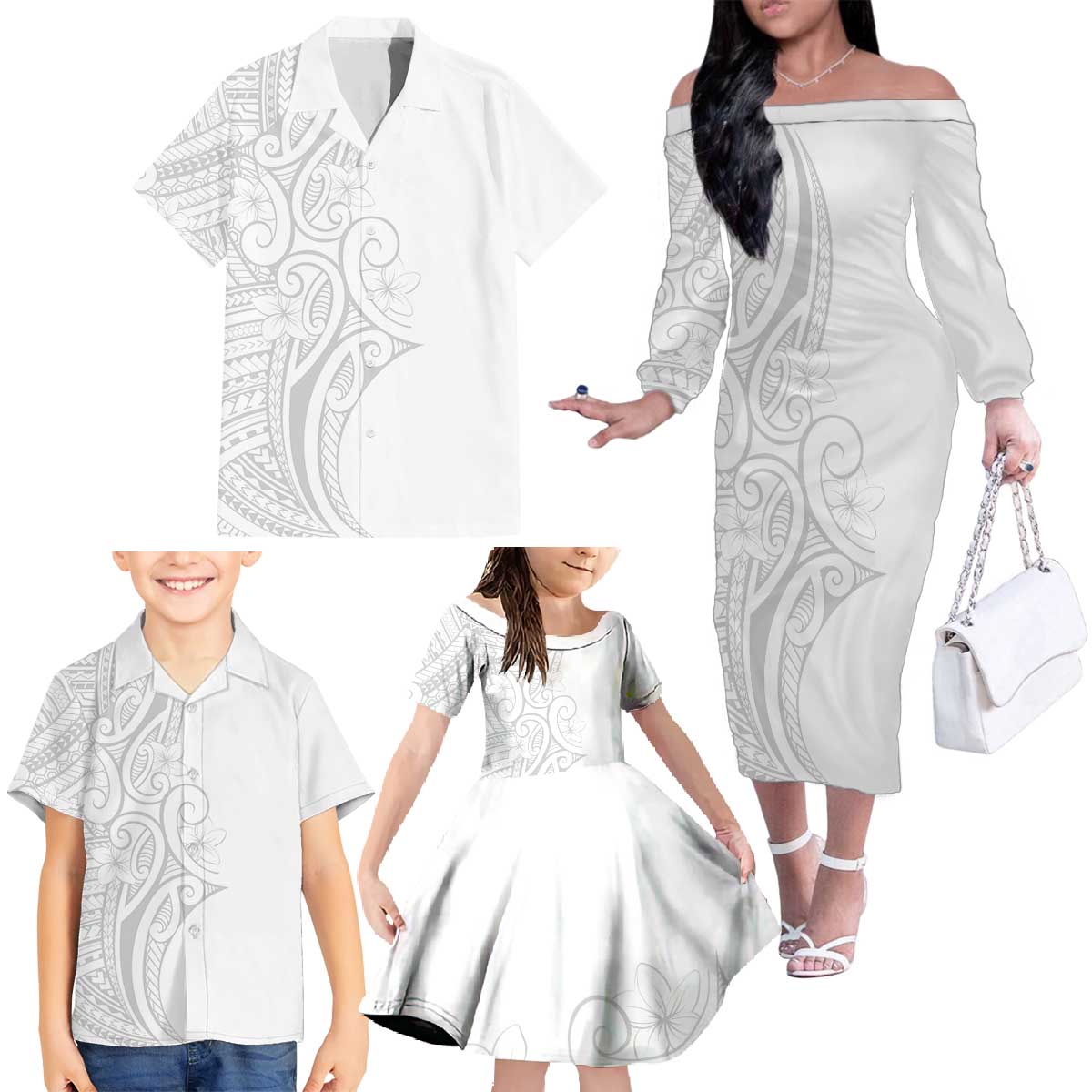 Polynesia White Sunday Family Matching Off The Shoulder Long Sleeve Dress and Hawaiian Shirt Plumeria Polynesian Tribal Grey Color - Polynesian Pride