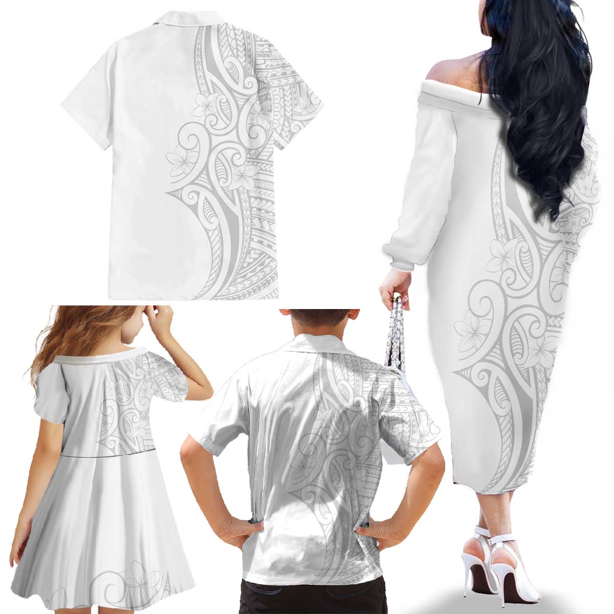 Polynesia White Sunday Family Matching Off The Shoulder Long Sleeve Dress and Hawaiian Shirt Plumeria Polynesian Tribal Grey Color - Polynesian Pride