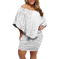 Polynesia White Sunday Family Matching Off Shoulder Short Dress and Hawaiian Shirt Plumeria Polynesian Tribal Grey Color - Polynesian Pride