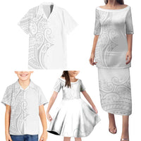 Polynesia White Sunday Family Matching Puletasi and Hawaiian Shirt Plumeria Polynesian Tribal Grey Color - Polynesian Pride
