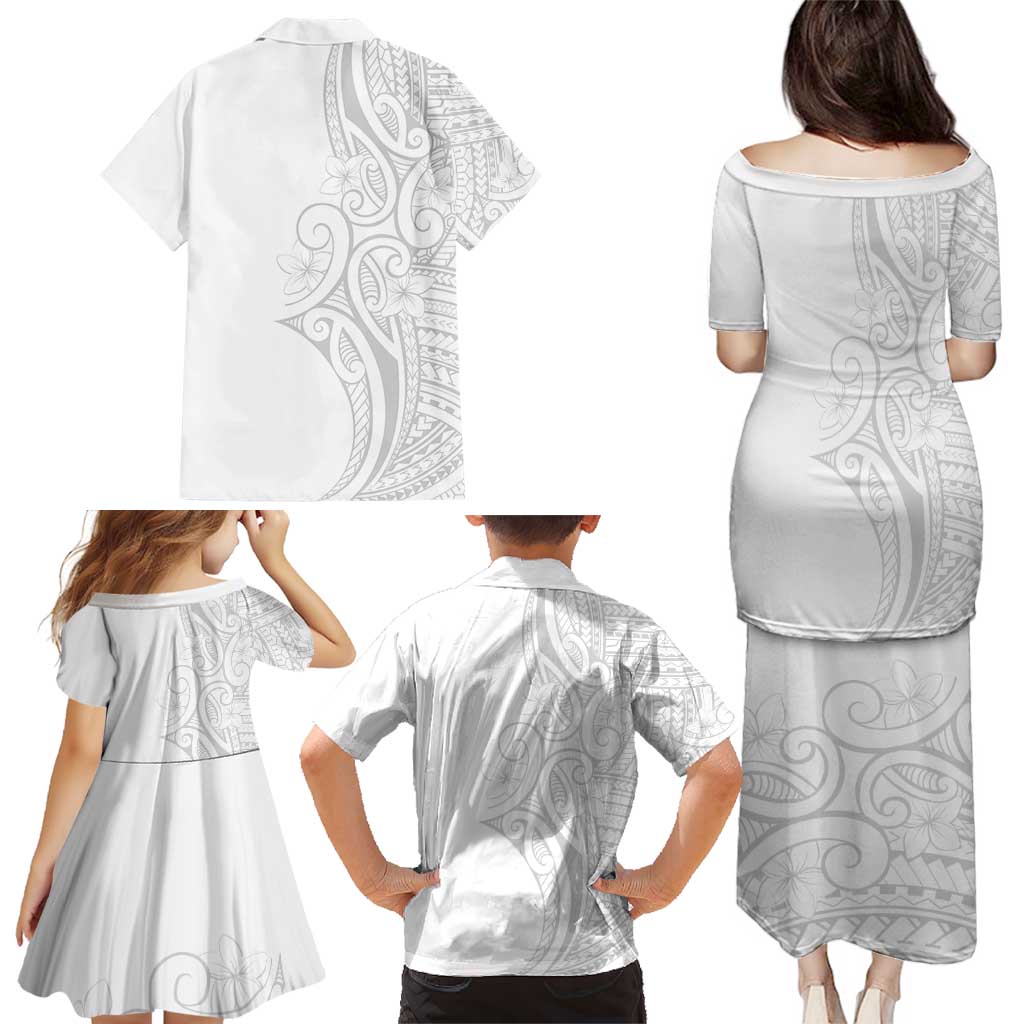 Polynesia White Sunday Family Matching Puletasi and Hawaiian Shirt Plumeria Polynesian Tribal Grey Color - Polynesian Pride