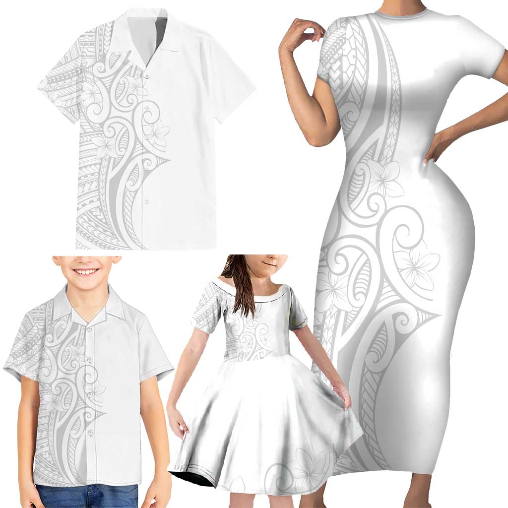 Polynesia White Sunday Family Matching Short Sleeve Bodycon Dress and Hawaiian Shirt Plumeria Polynesian Tribal Grey Color - Polynesian Pride