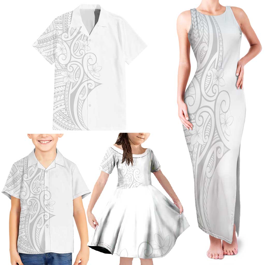 Polynesia White Sunday Family Matching Tank Maxi Dress and Hawaiian Shirt Plumeria Polynesian Tribal Grey Color - Polynesian Pride