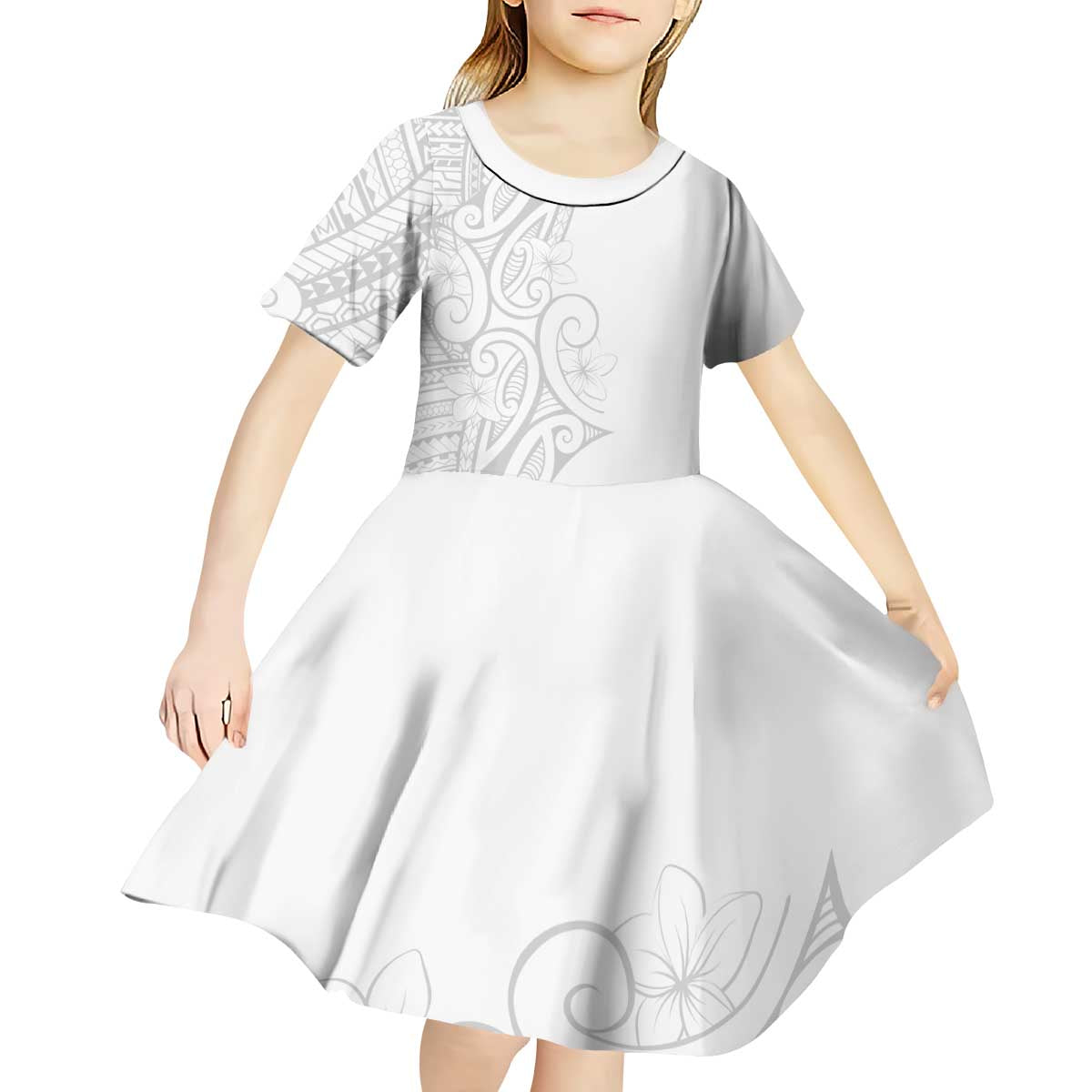 Polynesia White Sunday Kid Short Sleeve Dress Plumeria Polynesian Tribal Grey Color - Polynesian Pride