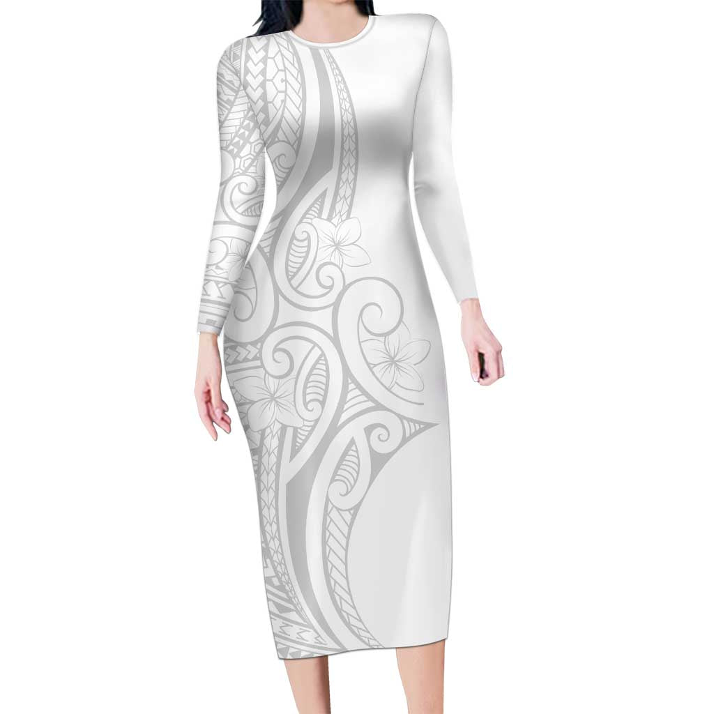 Polynesia White Sunday Long Sleeve Bodycon Dress Plumeria Polynesian Tribal Grey Color - Polynesian Pride