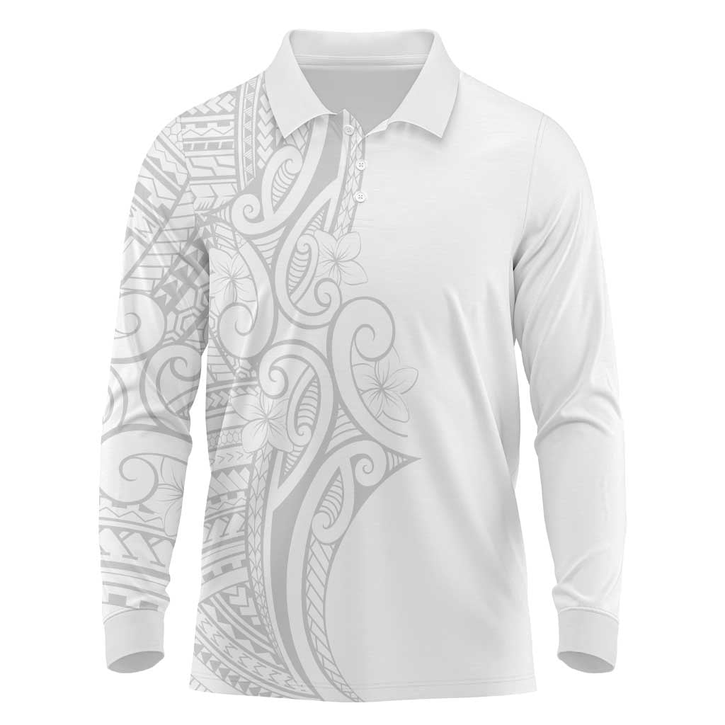Polynesia White Sunday Long Sleeve Polo Shirt Plumeria Polynesian Tribal Grey Color - Polynesian Pride