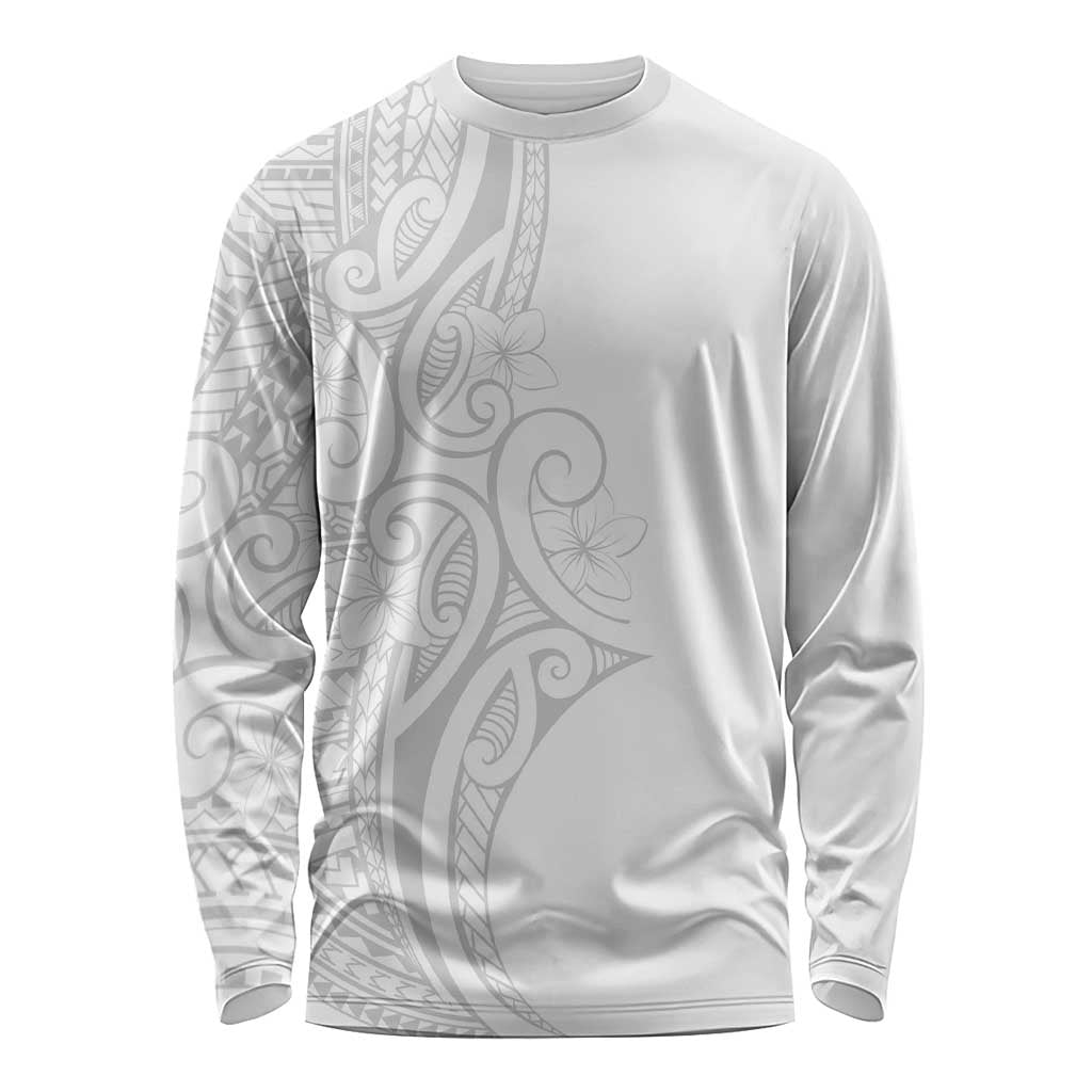 Polynesia White Sunday Long Sleeve Shirt Plumeria Polynesian Tribal Grey Color - Polynesian Pride