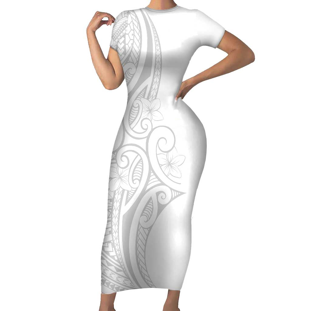 Polynesia White Sunday Short Sleeve Bodycon Dress Plumeria Polynesian Tribal Grey Color LT14 Long Dress White - Polynesian Pride