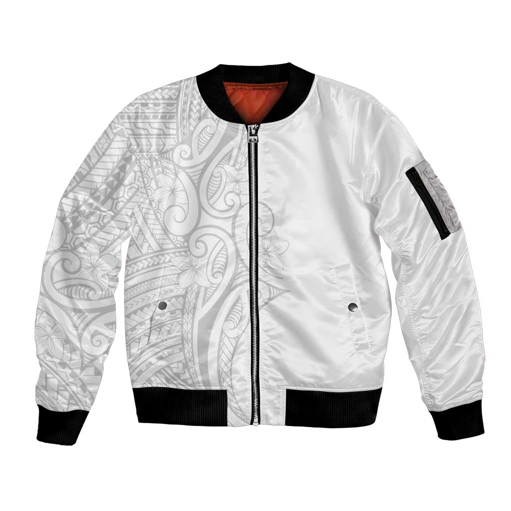 Polynesia White Sunday Sleeve Zip Bomber Jacket Plumeria Polynesian Tribal Grey Color - Polynesian Pride