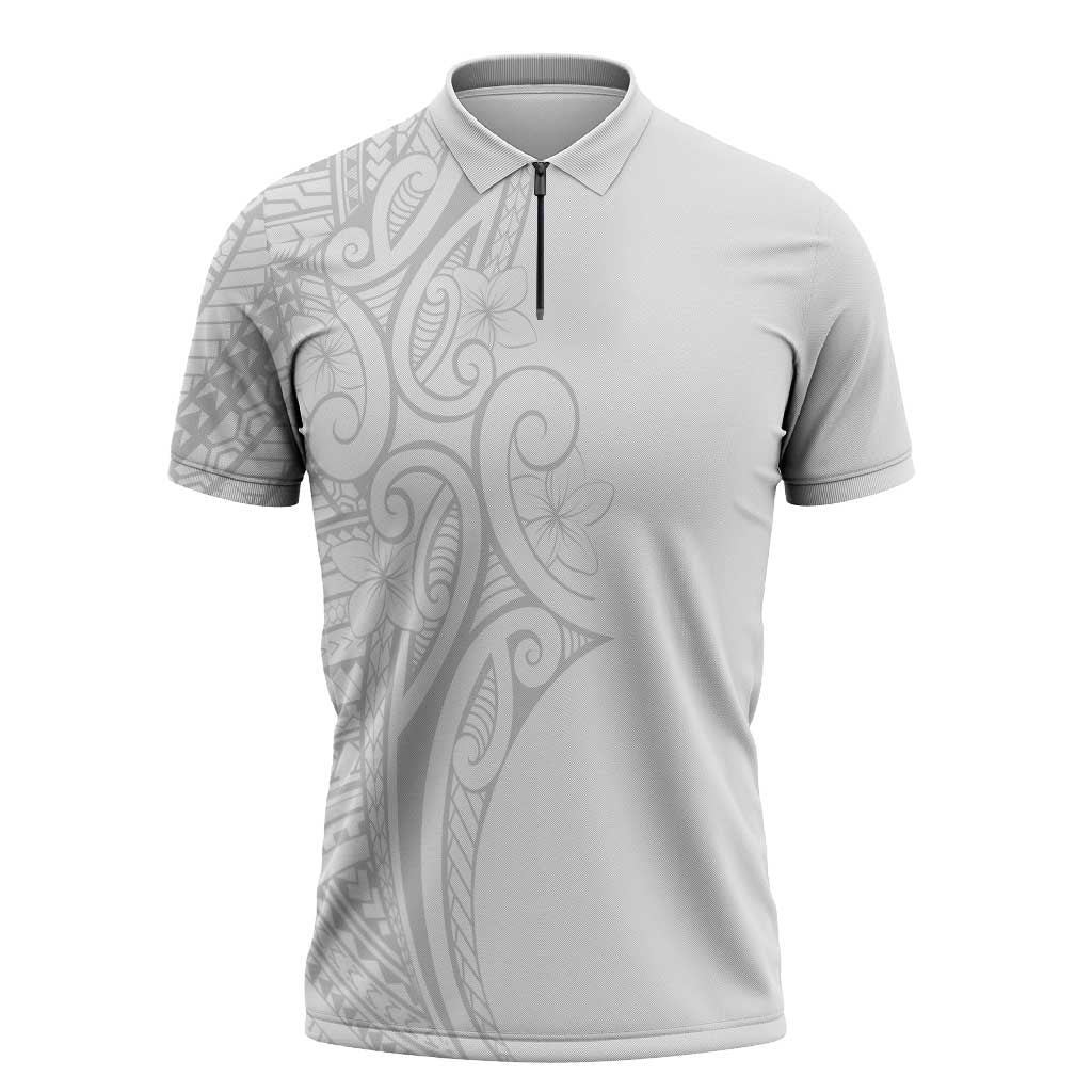 Polynesia White Sunday Zipper Polo Shirt Plumeria Polynesian Tribal Grey Color - Polynesian Pride