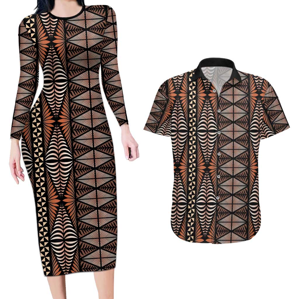 Malo e lelei Tonga Couples Matching Long Sleeve Bodycon Dress and Hawaiian Shirt Tongan Ngatu Vintage Brown - Polynesian Pride