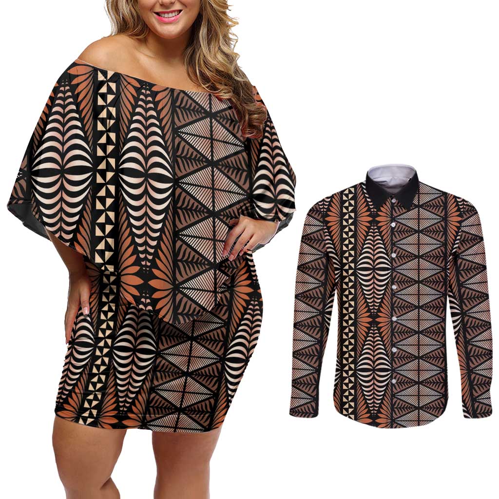 Malo e lelei Tonga Couples Matching Off Shoulder Short Dress and Long Sleeve Button Shirt Tongan Ngatu Vintage Brown - Polynesian Pride