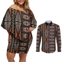Malo e lelei Tonga Couples Matching Off Shoulder Short Dress and Long Sleeve Button Shirt Tongan Ngatu Vintage Brown - Polynesian Pride