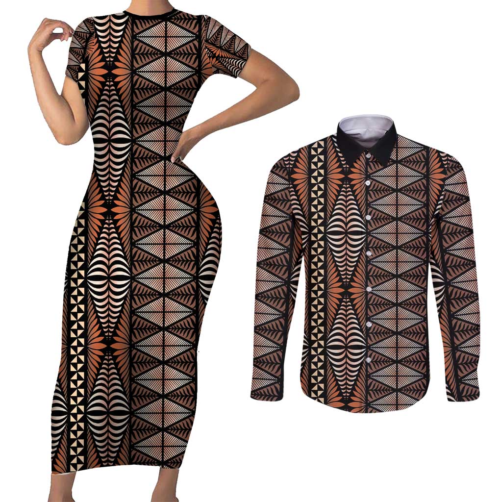 Malo e lelei Tonga Couples Matching Short Sleeve Bodycon Dress and Long Sleeve Button Shirt Tongan Ngatu Vintage Brown - Polynesian Pride