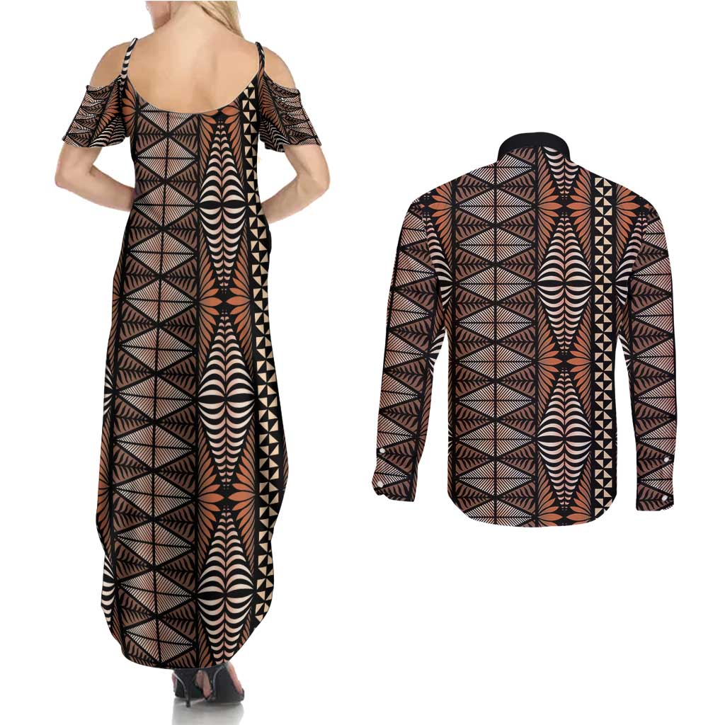 Malo e lelei Tonga Couples Matching Summer Maxi Dress and Long Sleeve Button Shirt Tongan Ngatu Vintage Brown - Polynesian Pride