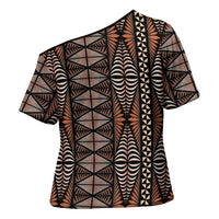 Malo e lelei Tonga Cross Shoulder Shirt Tongan Ngatu Vintage Brown - Polynesian Pride