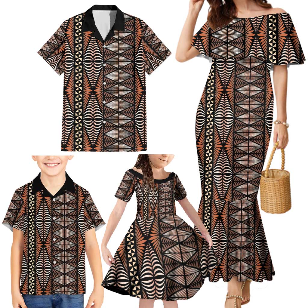 Malo e lelei Tonga Family Matching Mermaid Dress and Hawaiian Shirt Tongan Ngatu Vintage Brown - Polynesian Pride