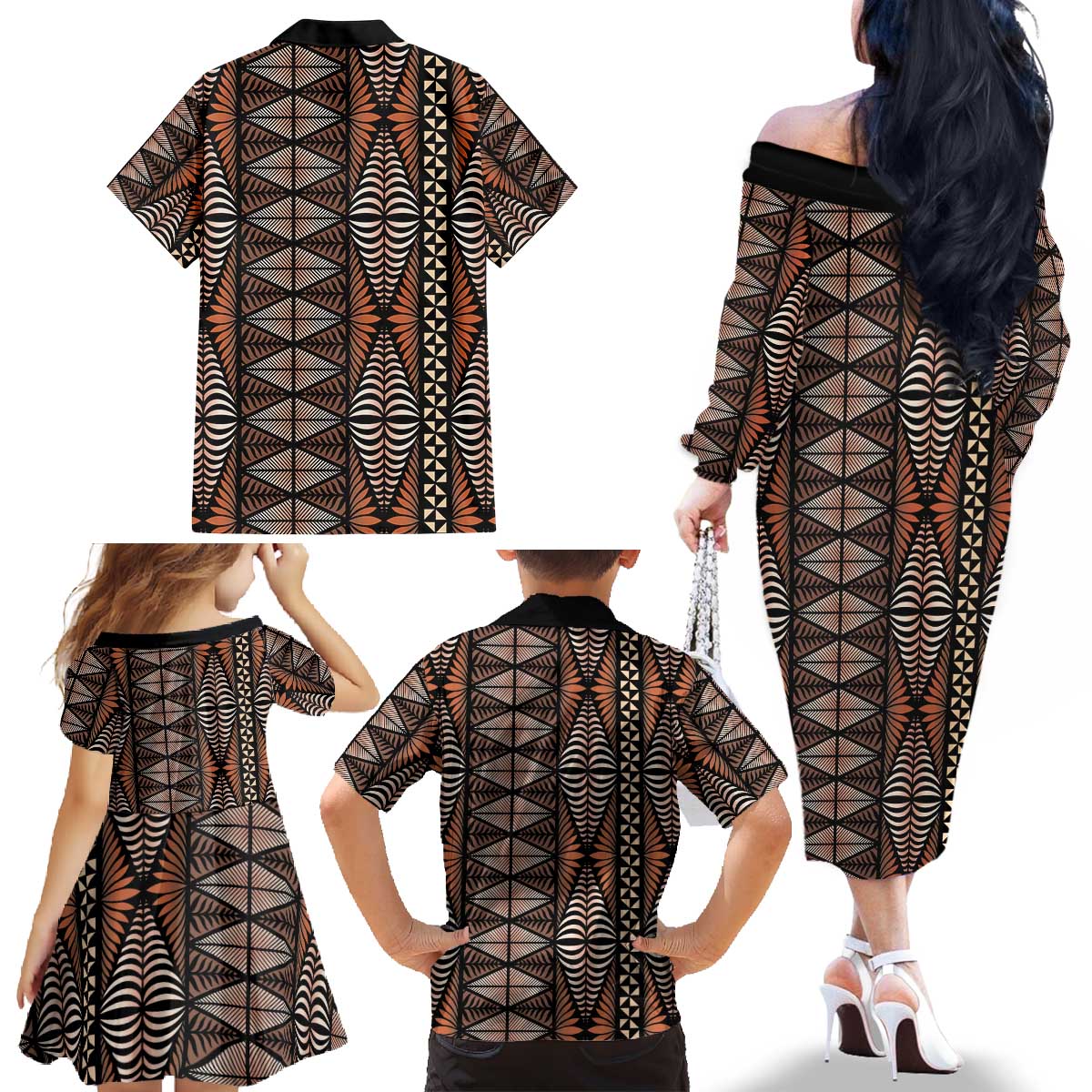 Malo e lelei Tonga Family Matching Off The Shoulder Long Sleeve Dress and Hawaiian Shirt Tongan Ngatu Vintage Brown - Polynesian Pride