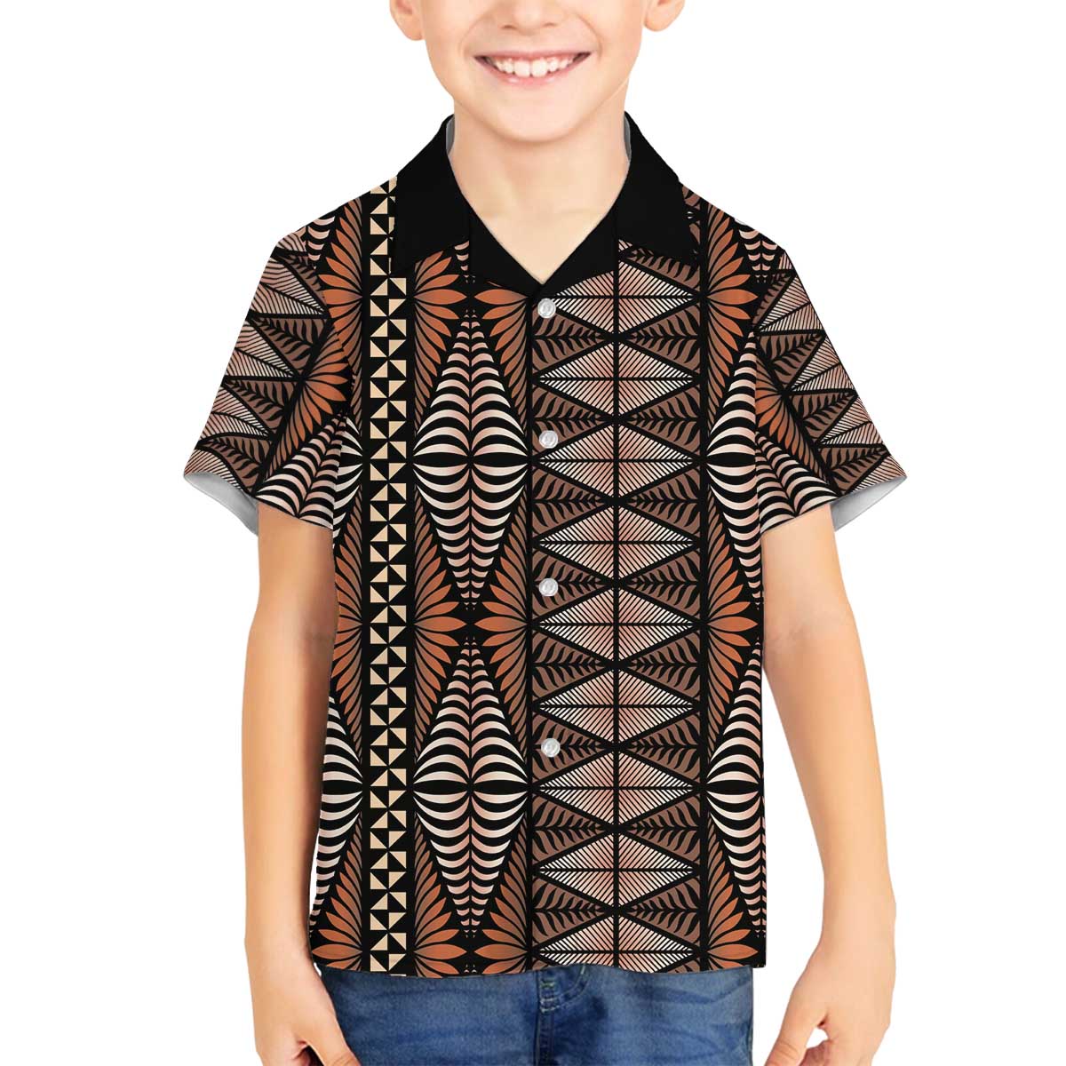 Malo e lelei Tonga Family Matching Off The Shoulder Long Sleeve Dress and Hawaiian Shirt Tongan Ngatu Vintage Brown - Polynesian Pride