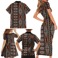 Malo e lelei Tonga Family Matching Short Sleeve Bodycon Dress and Hawaiian Shirt Tongan Ngatu Vintage Brown - Polynesian Pride