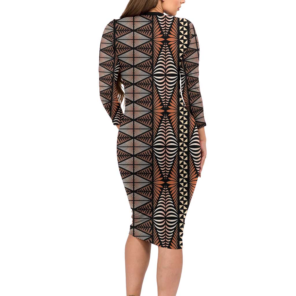 Malo e lelei Tonga Long Sleeve Bodycon Dress Tongan Ngatu Vintage Brown - Polynesian Pride