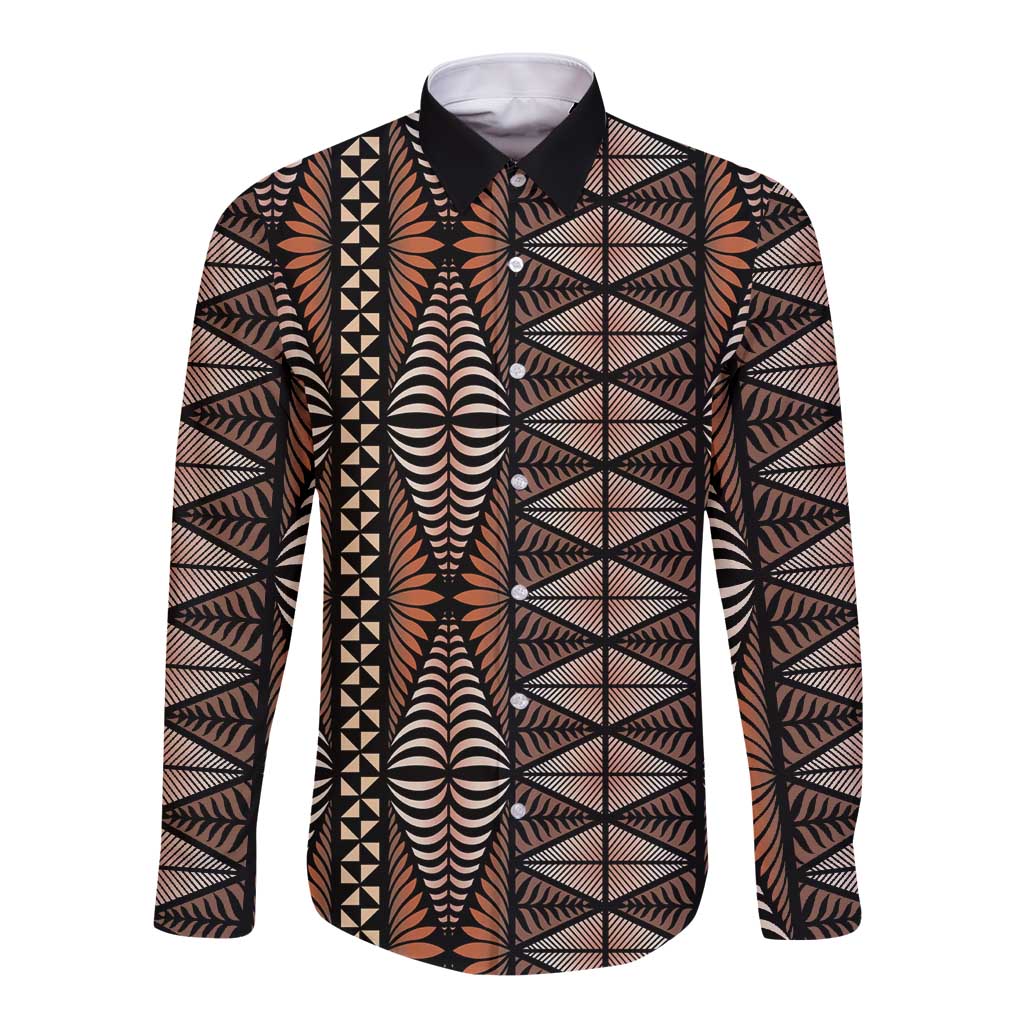 Malo e lelei Tonga Long Sleeve Button Shirt Tongan Ngatu Vintage Brown - Polynesian Pride