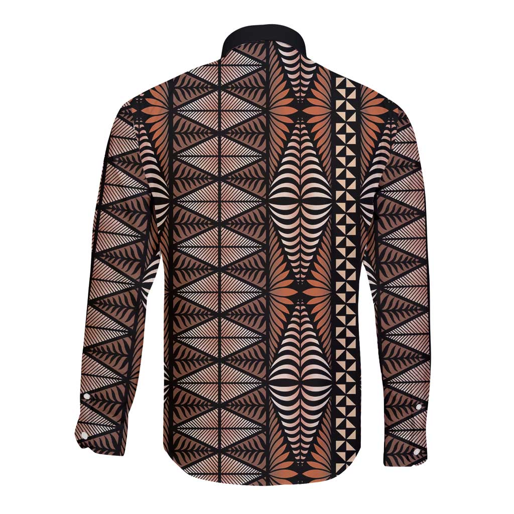 Malo e lelei Tonga Long Sleeve Button Shirt Tongan Ngatu Vintage Brown - Polynesian Pride