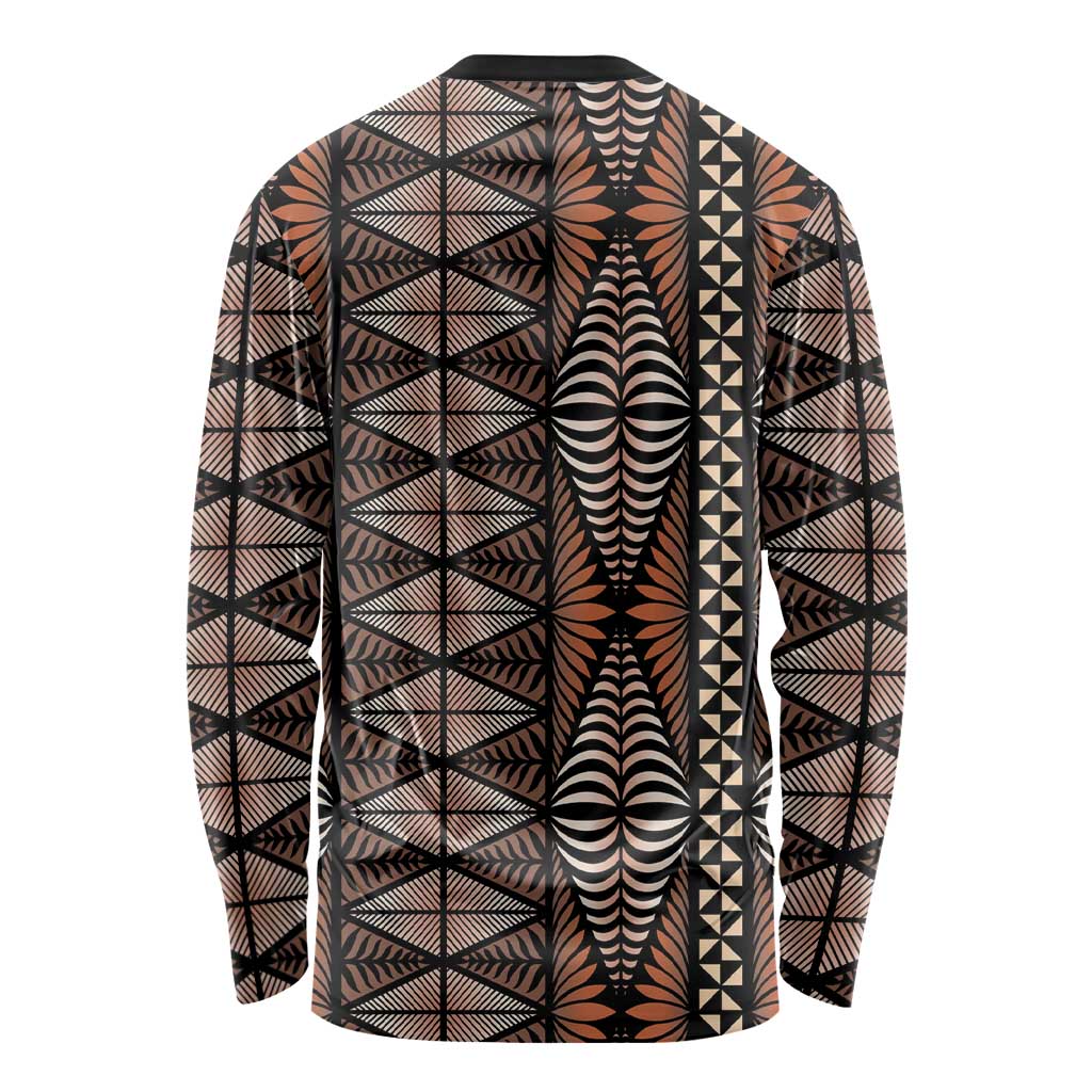 Malo e lelei Tonga Long Sleeve Shirt Tongan Ngatu Vintage Brown - Polynesian Pride