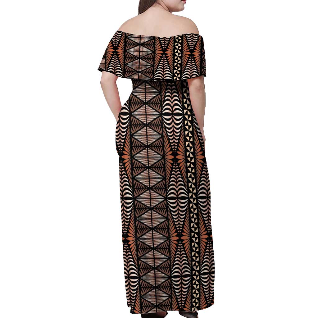 Malo e lelei Tonga Off Shoulder Maxi Dress Tongan Ngatu Vintage Brown - Polynesian Pride