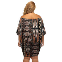Malo e lelei Tonga Off Shoulder Short Dress Tongan Ngatu Vintage Brown - Polynesian Pride