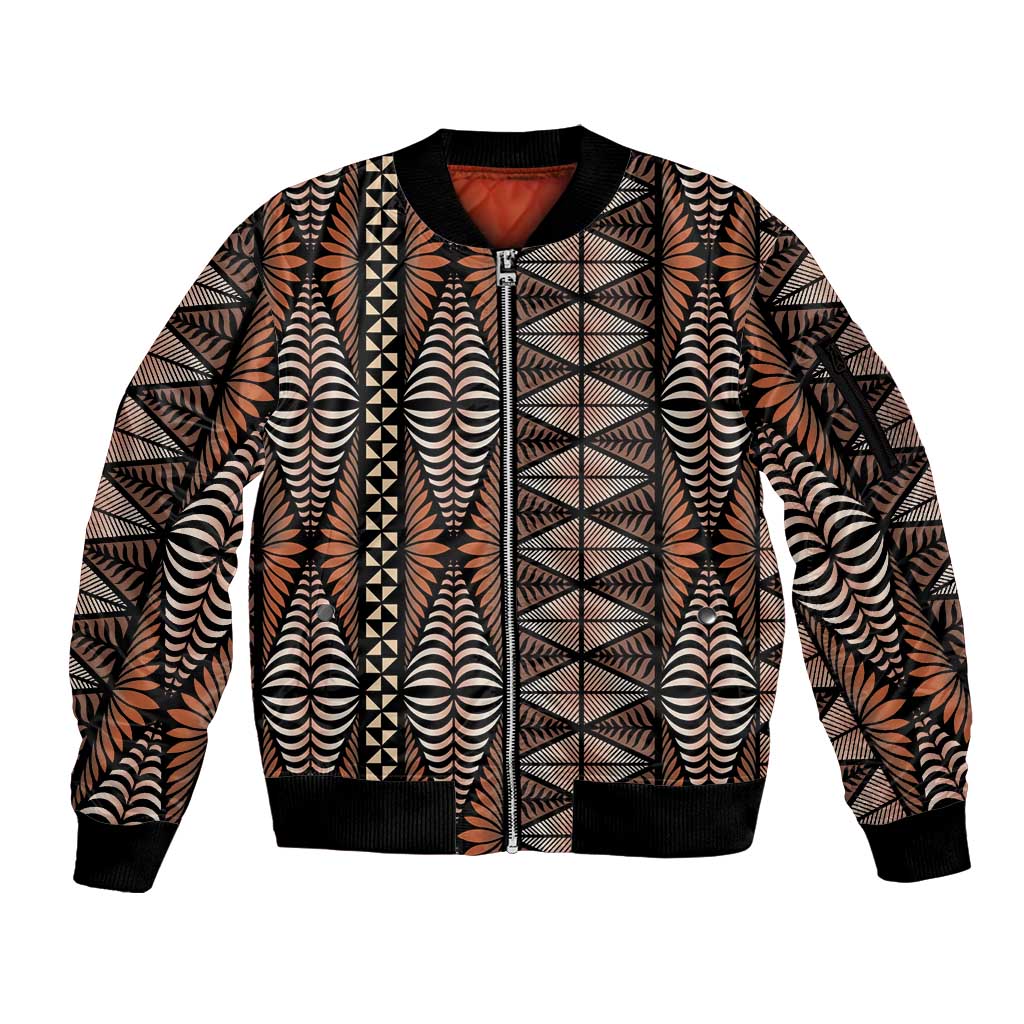 Malo e lelei Tonga Sleeve Zip Bomber Jacket Tongan Ngatu Vintage Brown - Polynesian Pride