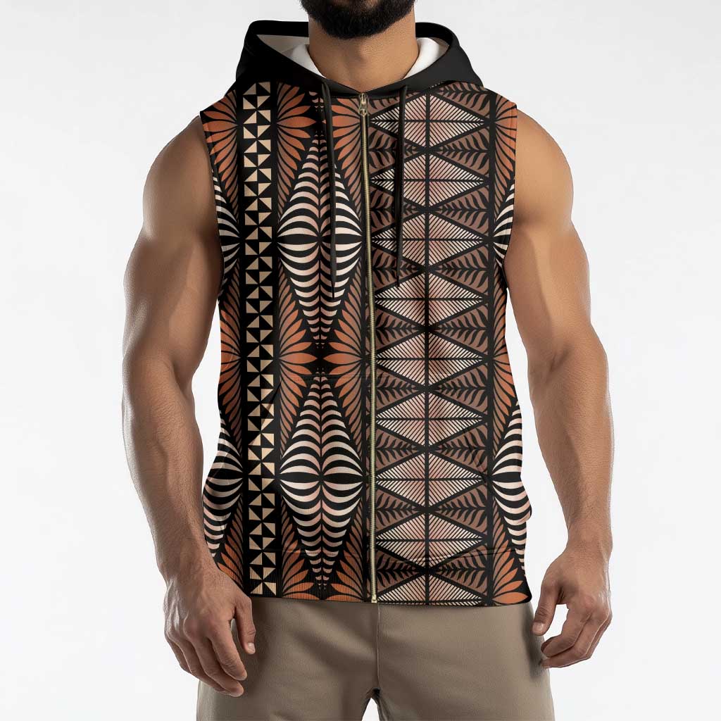 Malo e lelei Tonga Sleeveless Zip Hoodie Tongan Ngatu Vintage Brown - Polynesian Pride