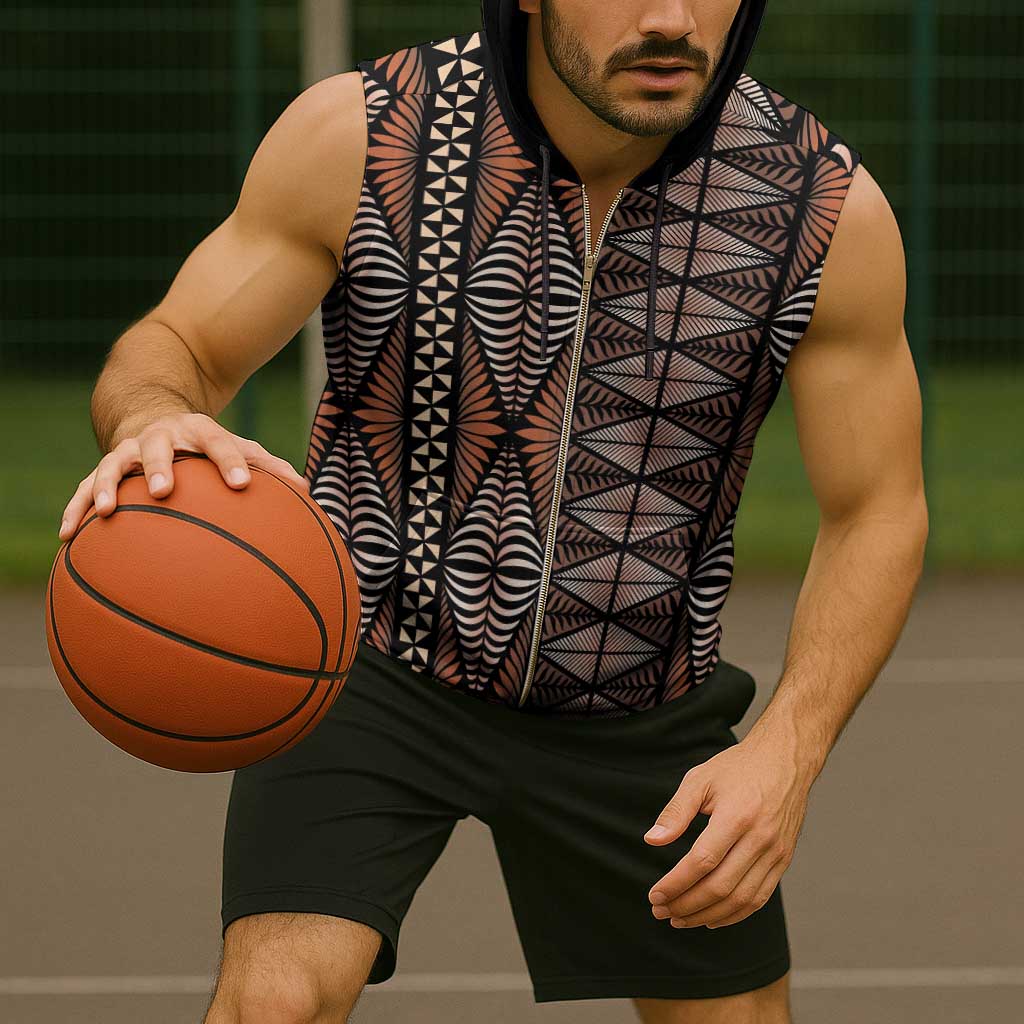 Malo e lelei Tonga Sleeveless Zip Hoodie Tongan Ngatu Vintage Brown - Polynesian Pride