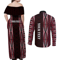 Tonga Rugby Personalised Couples Matching Off Shoulder Maxi Dress and Long Sleeve Button Shirt 2025 Mate Maa Tonga Ngatu Motif - Polynesian Pride
