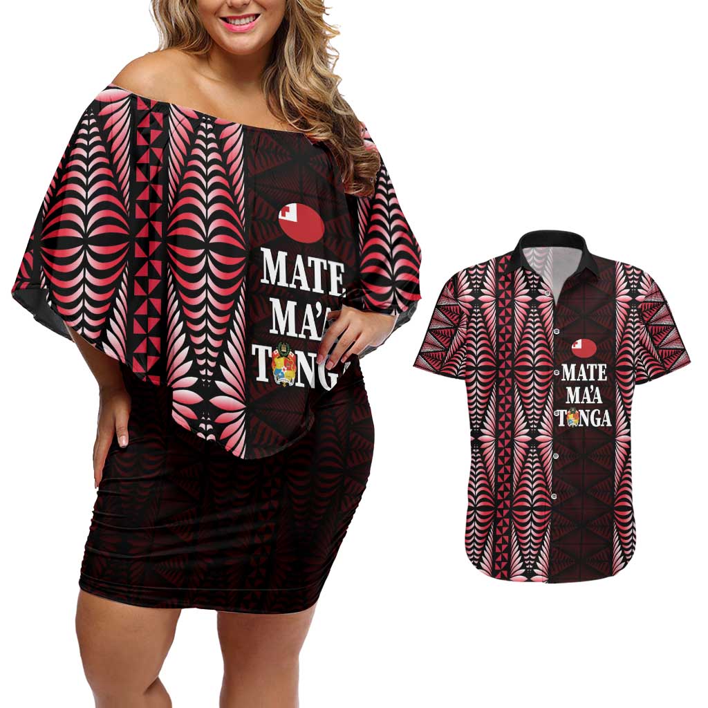 Tonga Rugby Personalised Couples Matching Off Shoulder Short Dress and Hawaiian Shirt 2025 Mate Maa Tonga Ngatu Motif - Polynesian Pride