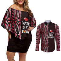 Tonga Rugby Personalised Couples Matching Off Shoulder Short Dress and Long Sleeve Button Shirt 2025 Mate Maa Tonga Ngatu Motif - Polynesian Pride