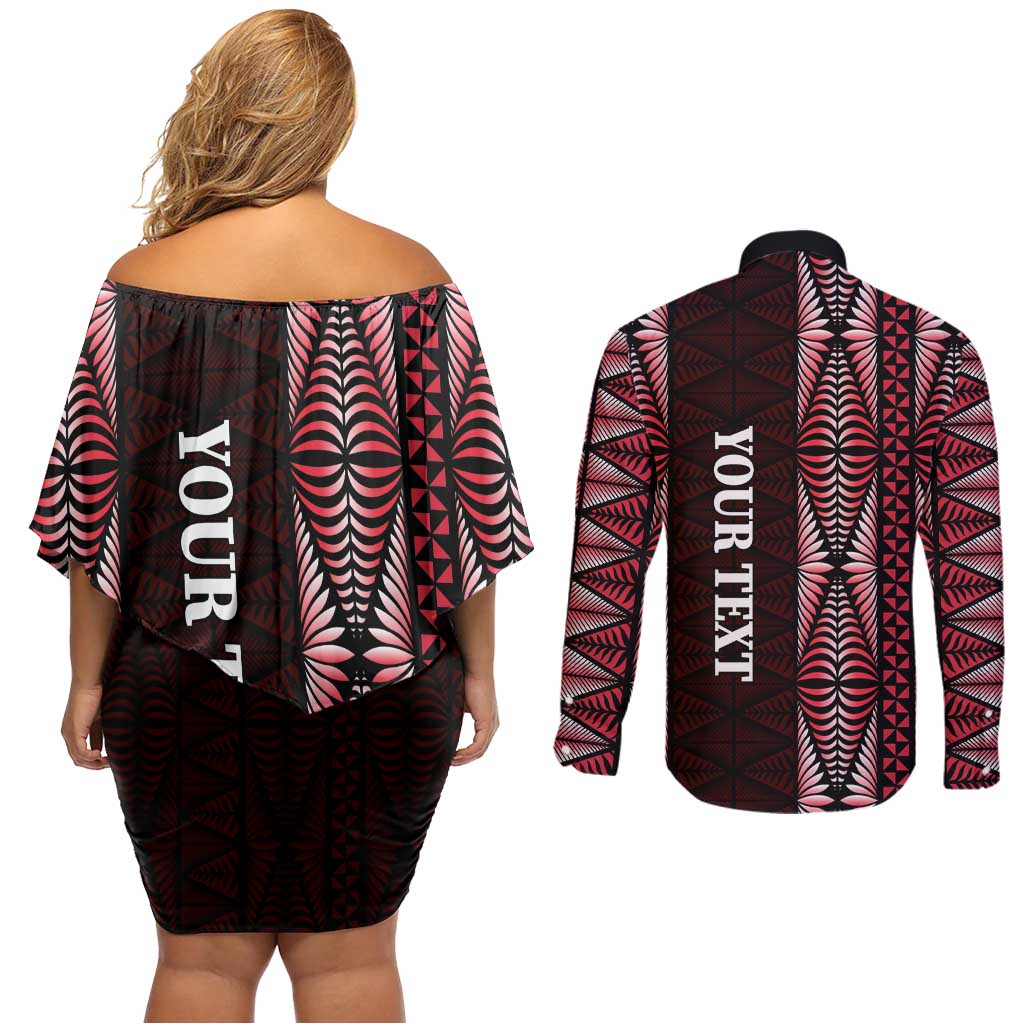 Tonga Rugby Personalised Couples Matching Off Shoulder Short Dress and Long Sleeve Button Shirt 2025 Mate Maa Tonga Ngatu Motif - Polynesian Pride