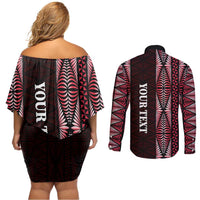 Tonga Rugby Personalised Couples Matching Off Shoulder Short Dress and Long Sleeve Button Shirt 2025 Mate Maa Tonga Ngatu Motif - Polynesian Pride