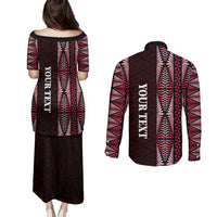 Tonga Rugby Personalised Couples Matching Puletasi and Long Sleeve Button Shirt 2025 Mate Maa Tonga Ngatu Motif - Polynesian Pride