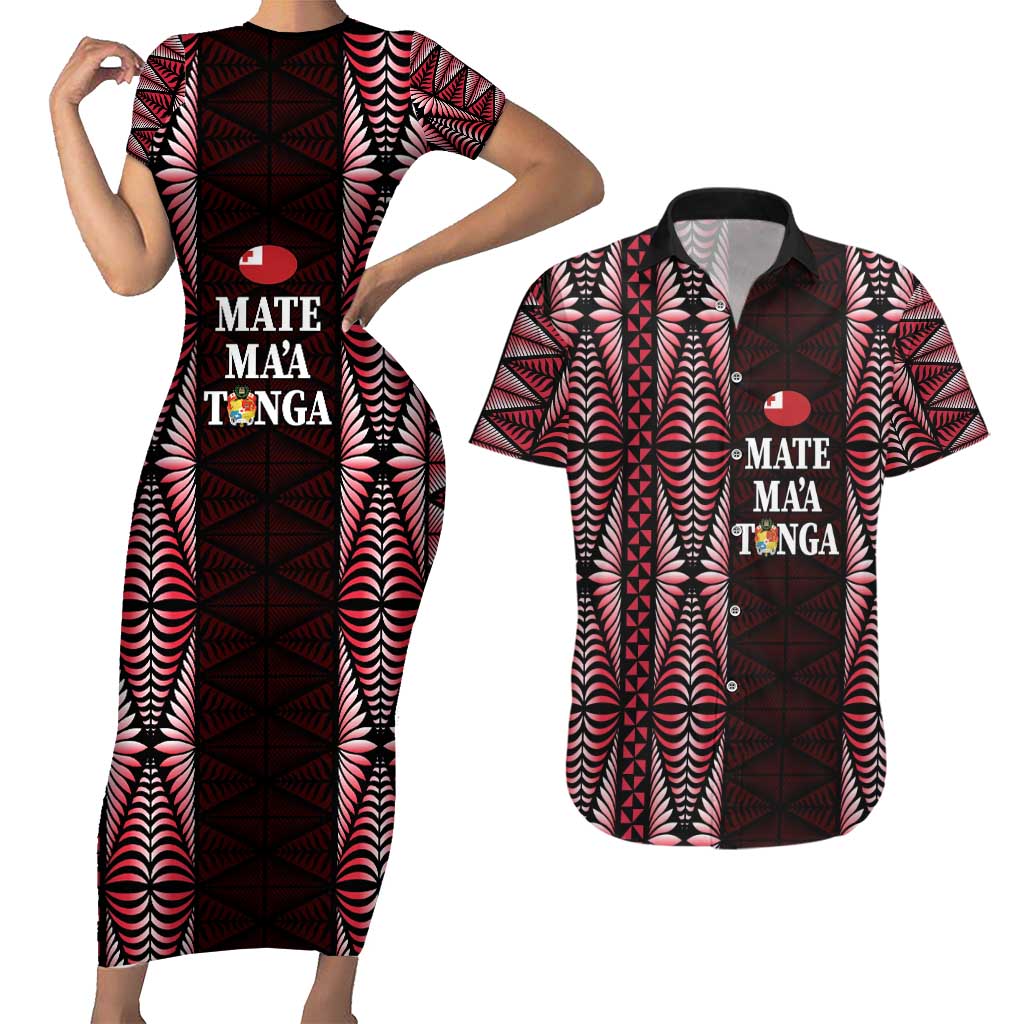 Tonga Rugby Personalised Couples Matching Short Sleeve Bodycon Dress and Hawaiian Shirt 2025 Mate Maa Tonga Ngatu Motif - Polynesian Pride