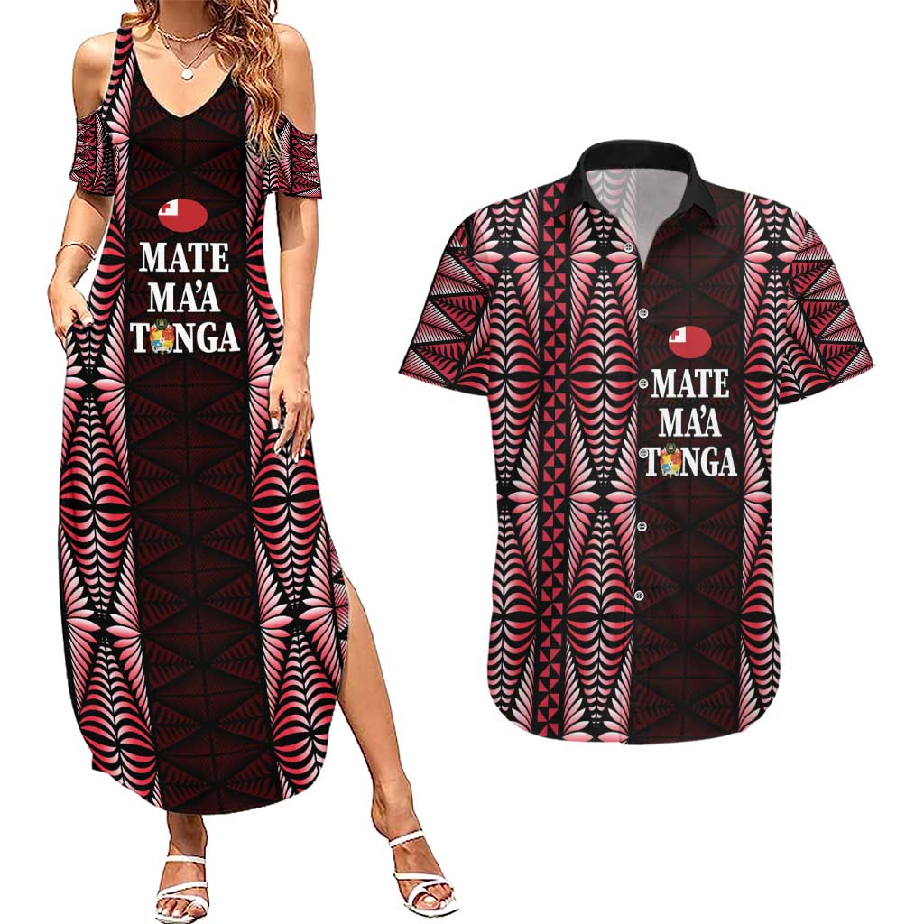 Tonga Rugby Personalised Couples Matching Summer Maxi Dress and Hawaiian Shirt 2025 Mate Maa Tonga Ngatu Motif - Polynesian Pride