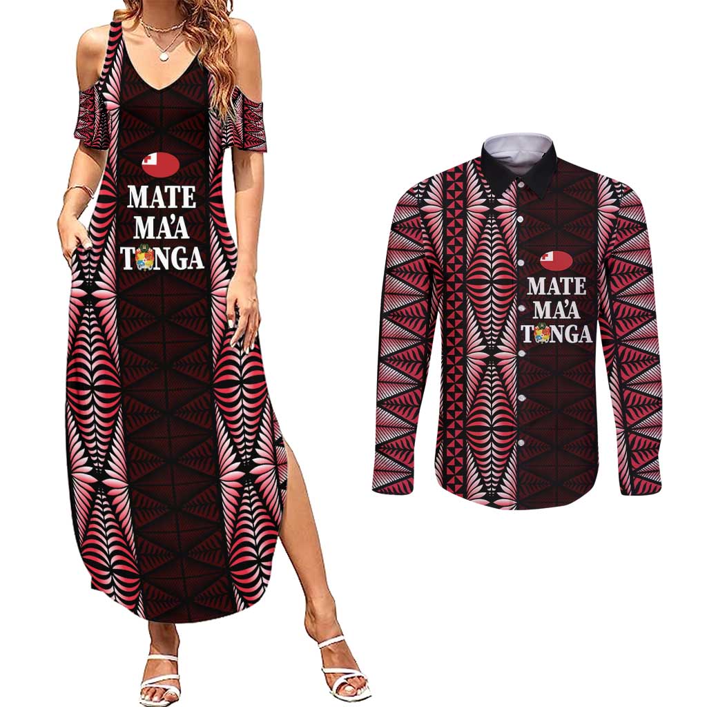 Tonga Rugby Personalised Couples Matching Summer Maxi Dress and Long Sleeve Button Shirt 2025 Mate Maa Tonga Ngatu Motif - Polynesian Pride
