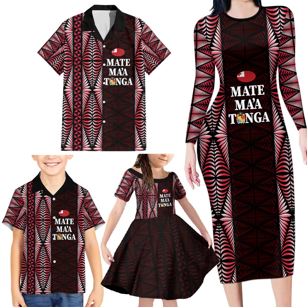 Tonga Rugby Personalised Family Matching Long Sleeve Bodycon Dress and Hawaiian Shirt 2025 Mate Maa Tonga Ngatu Motif - Polynesian Pride